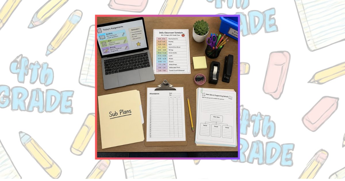 Organized teacher's desk with sub plans folder and needed supplies